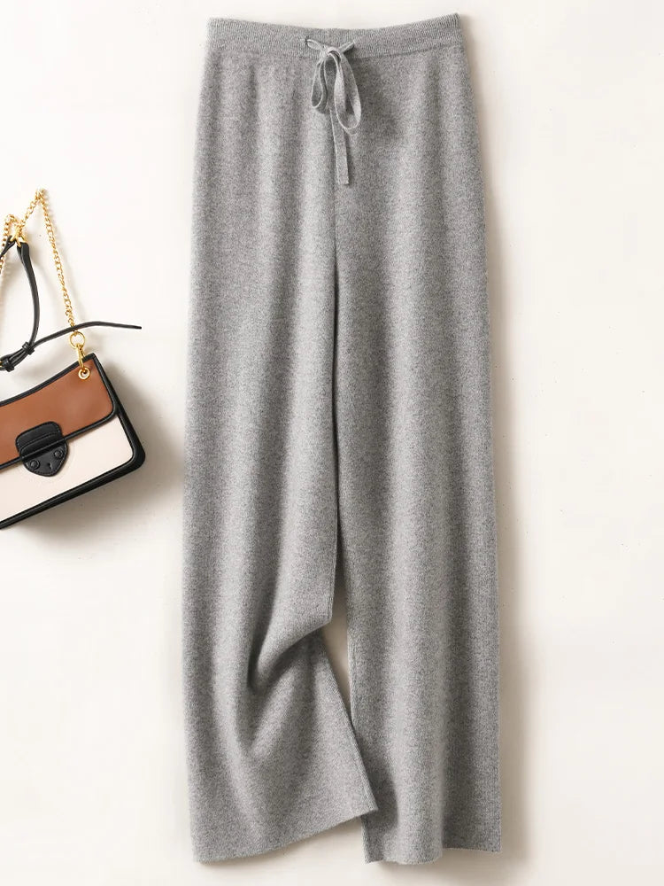 Autumn Winter Women's Pants Basic Soft Casual Sashes Trousers 100% Merino Wool Knitwear Korean Popular Pants