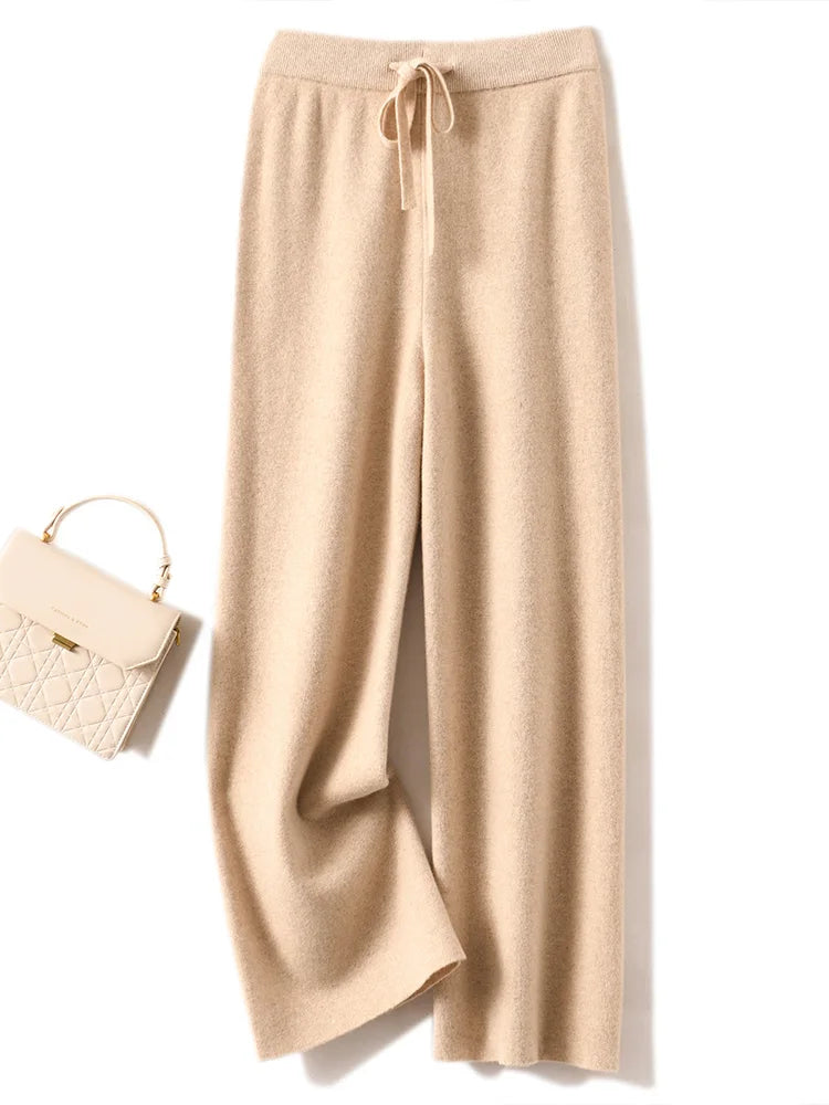 Autumn Winter Women's Pants Basic Soft Casual Sashes Trousers 100% Merino Wool Knitwear Korean Popular Pants