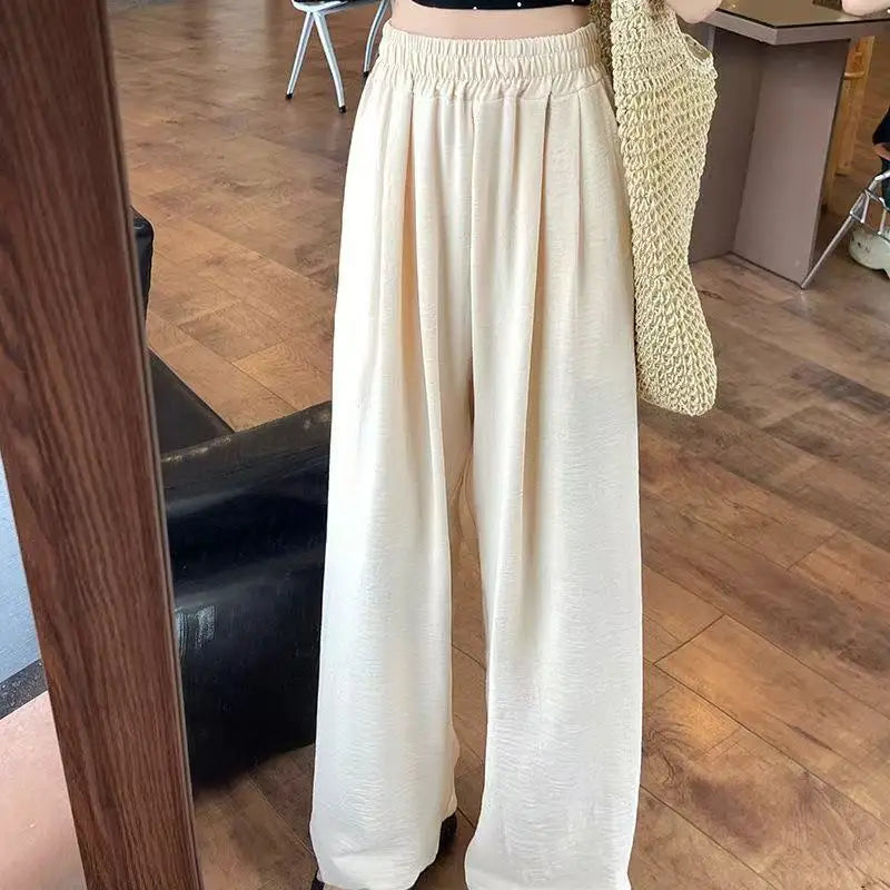 Summer Women Sweet Colorful Ice Silk Pants Lady Baggy Versatile Elastic Straight Leg Trousers Female Wide Leg High Waisted Pants